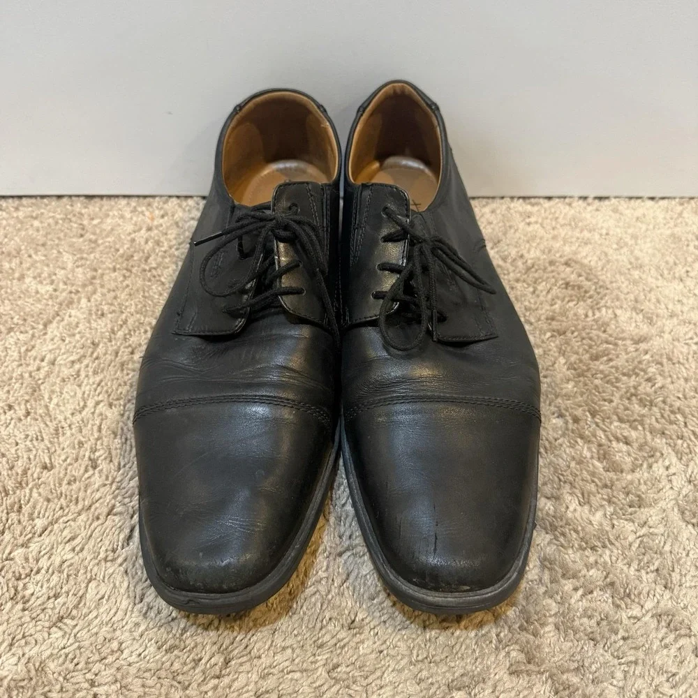 Clarks Shoes Mens Size 12 Black Leather Cap Toe Derby Dress Comfort Rubber Sole